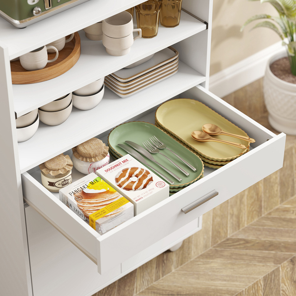 HOMCOM 2 Door Single Drawer 3 Shelf White Modern Mobile Microwave Cabinet Image 8
