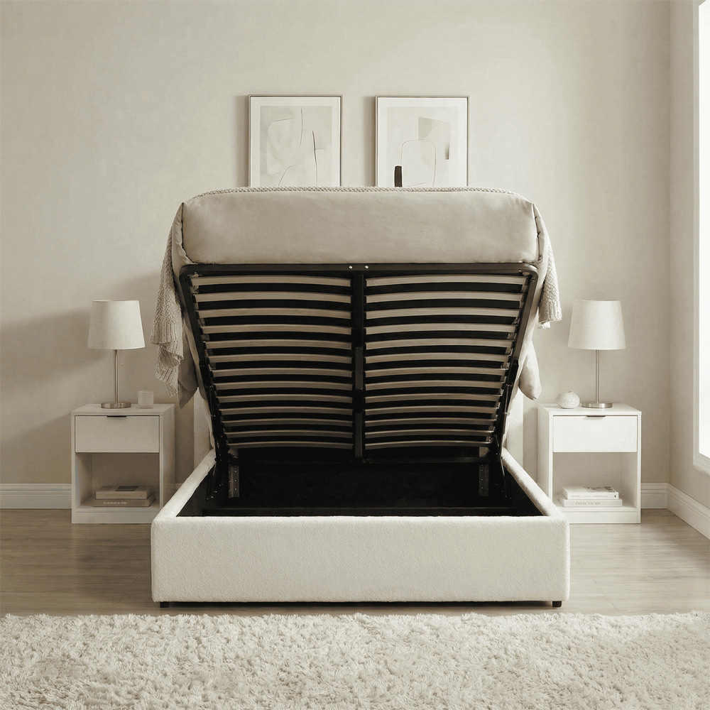 Home Source Alix Double White Boucle Lift-Up Ottoman Bed with Fluted Headboard Image 3
