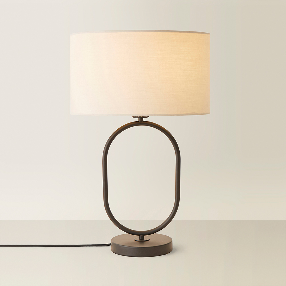 ValueLights Antonia Natural Fabric Drum Shade Matte Black Oval LED Table Lamp Image 5