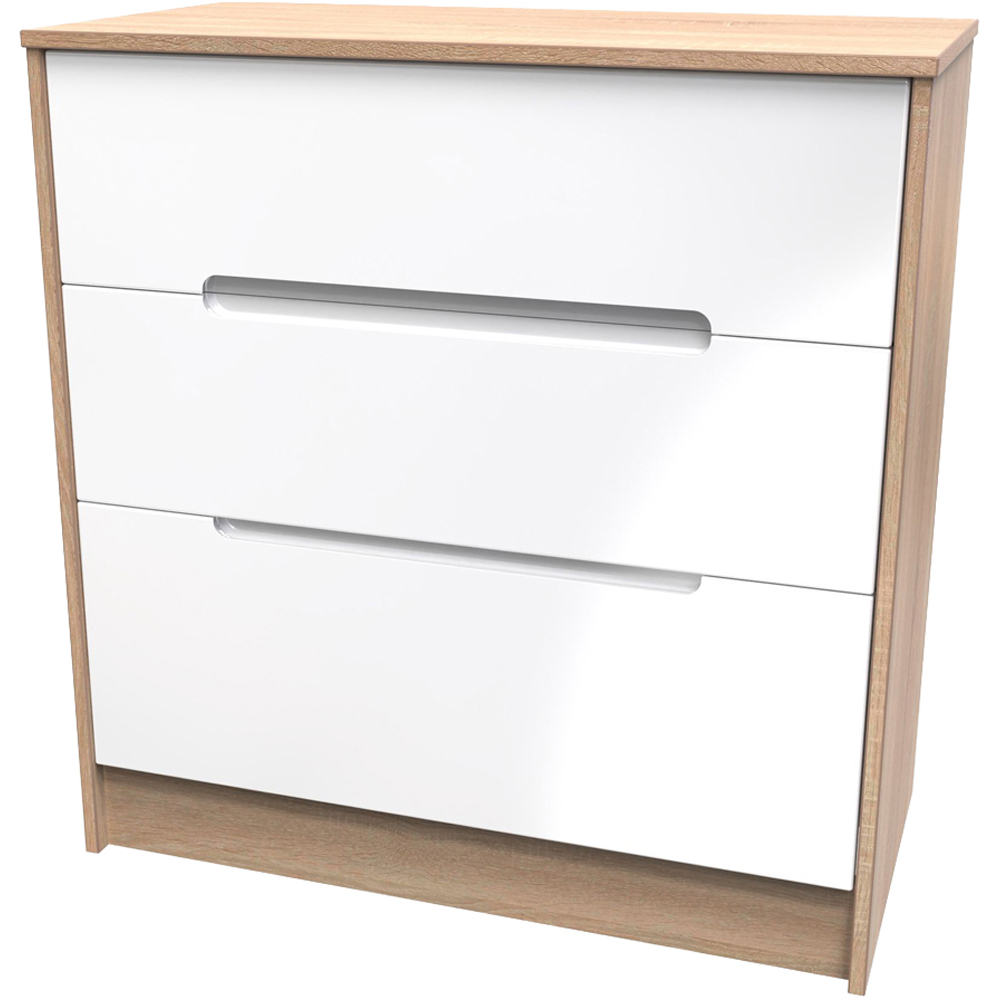 Crowndale Monaco 3 Drawer White Gloss and Bardolino Oak Deep Chest of Drawers Ready Assembled Image 3