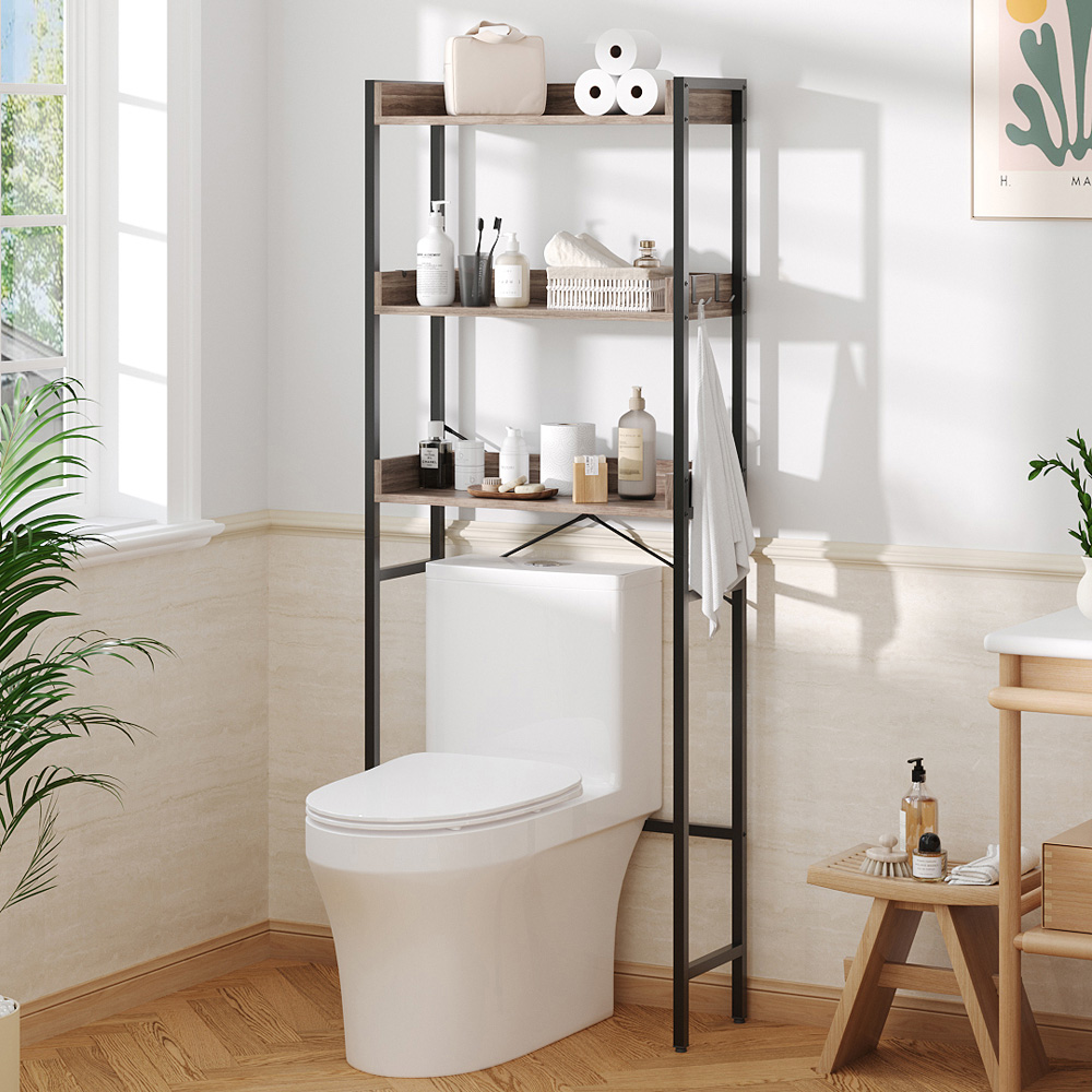 Living and Home 3 Shelf Black and Light Wood Freestanding Over the Toilet Storage Rack with Hooks Image 1