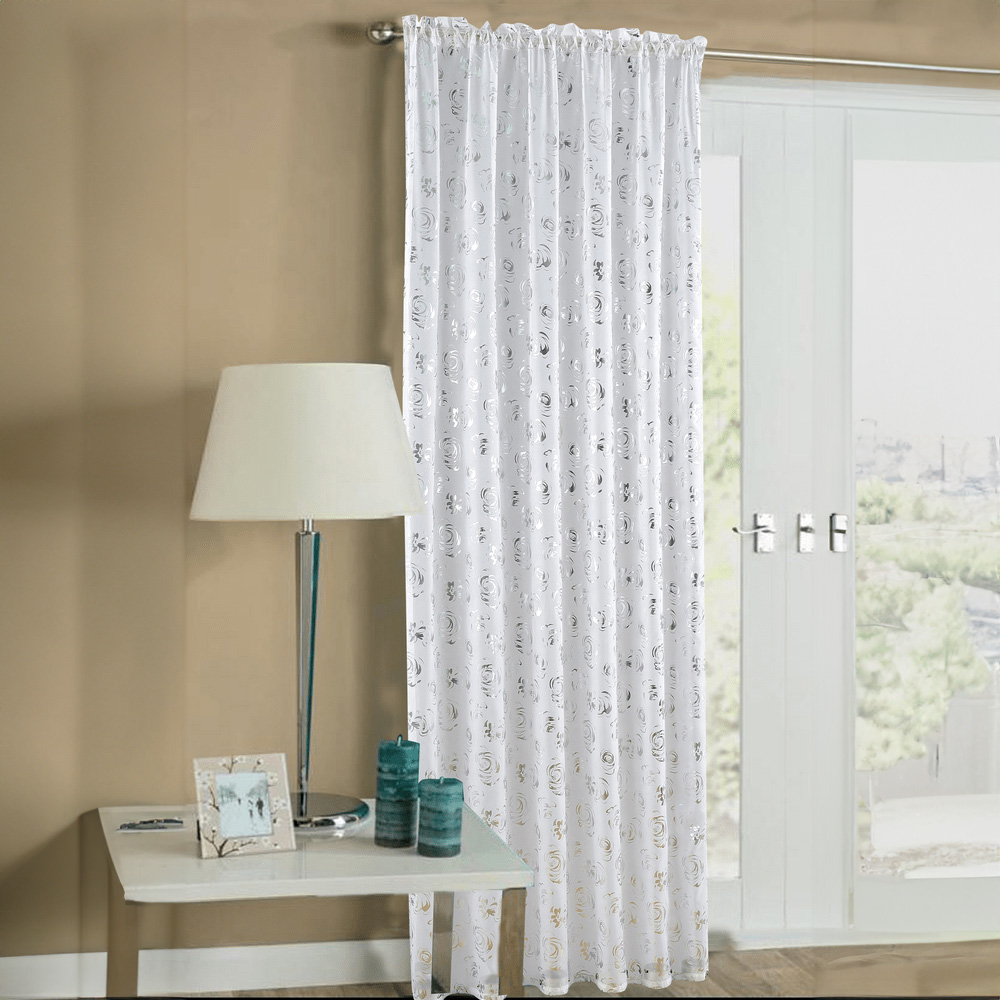 Velosso Geneva White Foil Flower Voile Panel Curtain 150 x 122cm Image 1