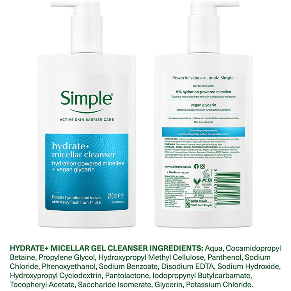 Simple Hydrate+ Micellar Facial Cleanser Refreshing Gentle Face Wash 240ml 3 Pack Image 8