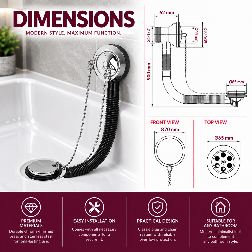 Go Bathrooms Chrome Bath Waste and Overflow with Brass Plug and Ball Chain Image 4