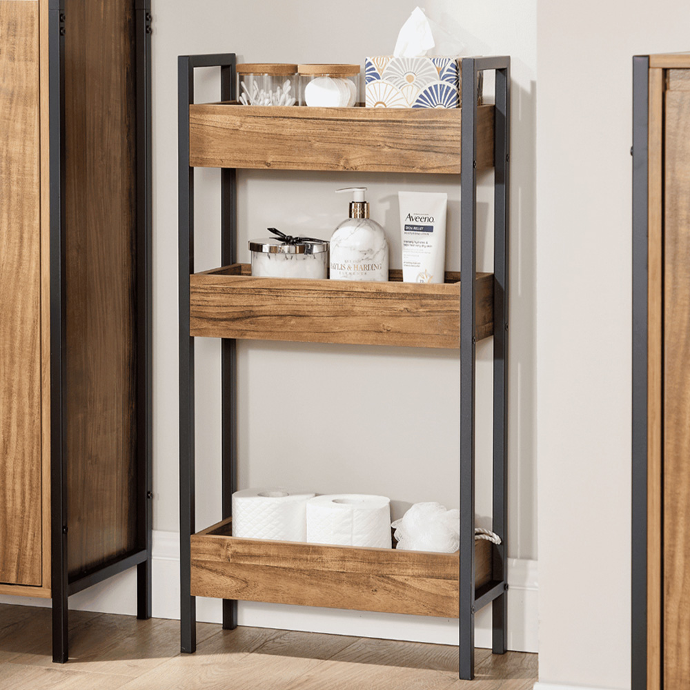 Home Source Locastra 3 Shelf Oak and Black Bathroom Storage Unit Image 1