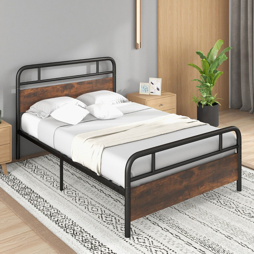 Costway Double Rustic Brown and Black Bed Frame Image 1