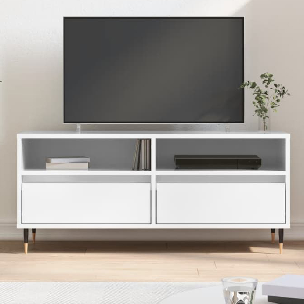 vidaXL 2 Drawer 2 Shelf High Gloss White TV Cabinet Image 1