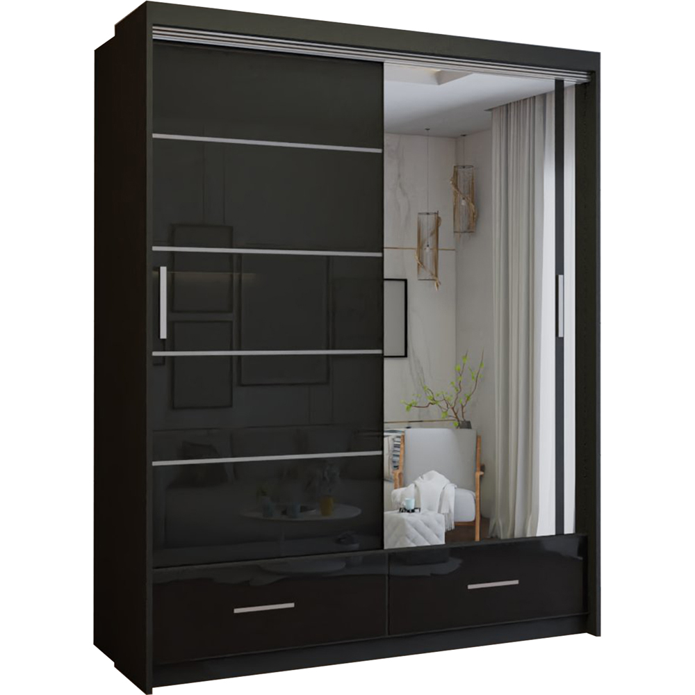M N Furniture Seliyaa 2 Door 2 Drawer Black High Gloss Sliding Door Wardrobe 150cm Image 2