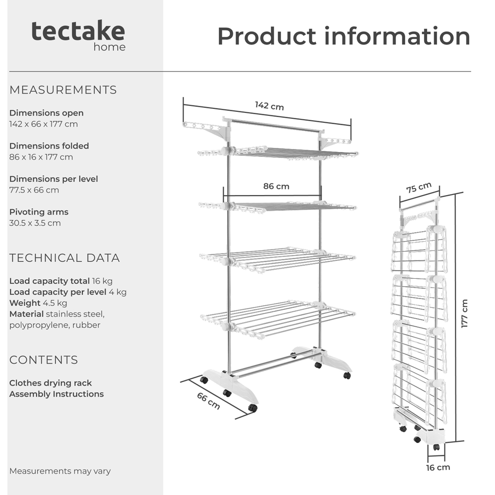 tectake Odelia 4 Tier Foldable Drying Rack with wheels Image 9