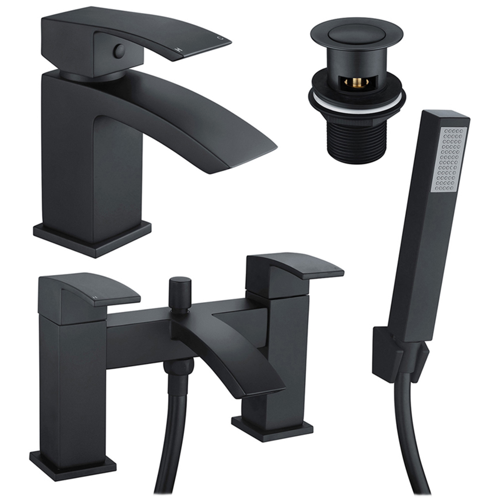 Nes Home Nexa Waterfall Matte Black Bath Shower Mixer Pack and Basin Mixer Tap with Waste Image 1