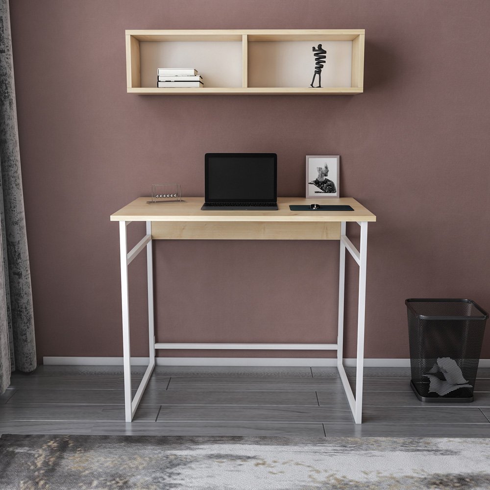 Decorotika Hussum Computer Desk with 2 Section Wall Shelf White and Oak Image 5