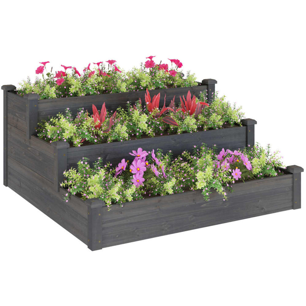 vidaXL 3 Tier Grey Fir Wood Raised Garden Bed 56 x 120 x 120cm Image 2