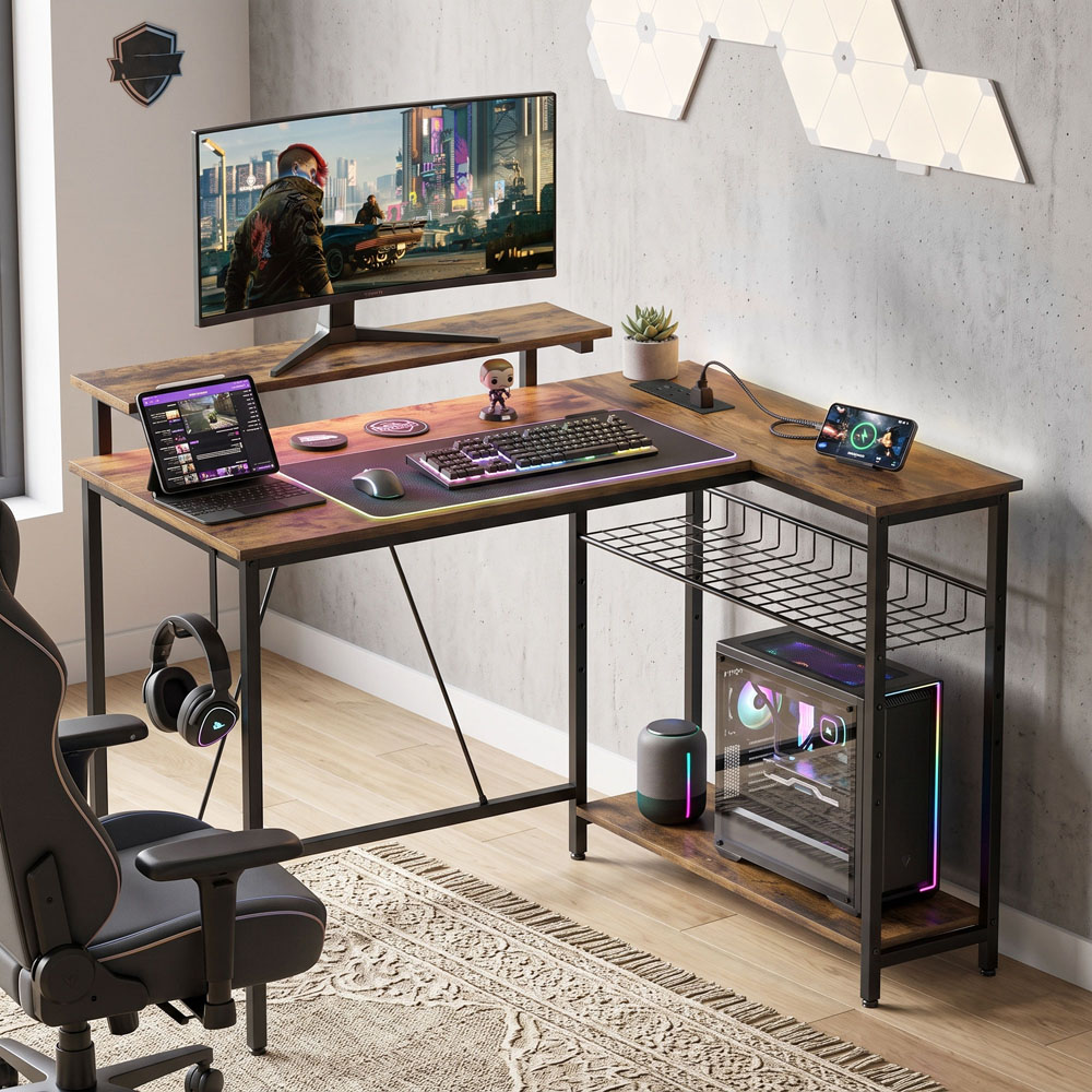 HOMCOM 3 Shelf L-Shaped Office Desk with LED Rustic Brown Image 3