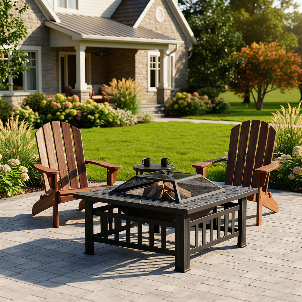 Living and Home Square Garden Fire Pit BBQ Table Image 6