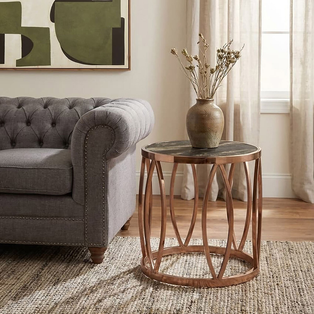 Premier Housewares Tula Rose Gold Leaf Design Round Side Table with Faux Marble Top Image 3