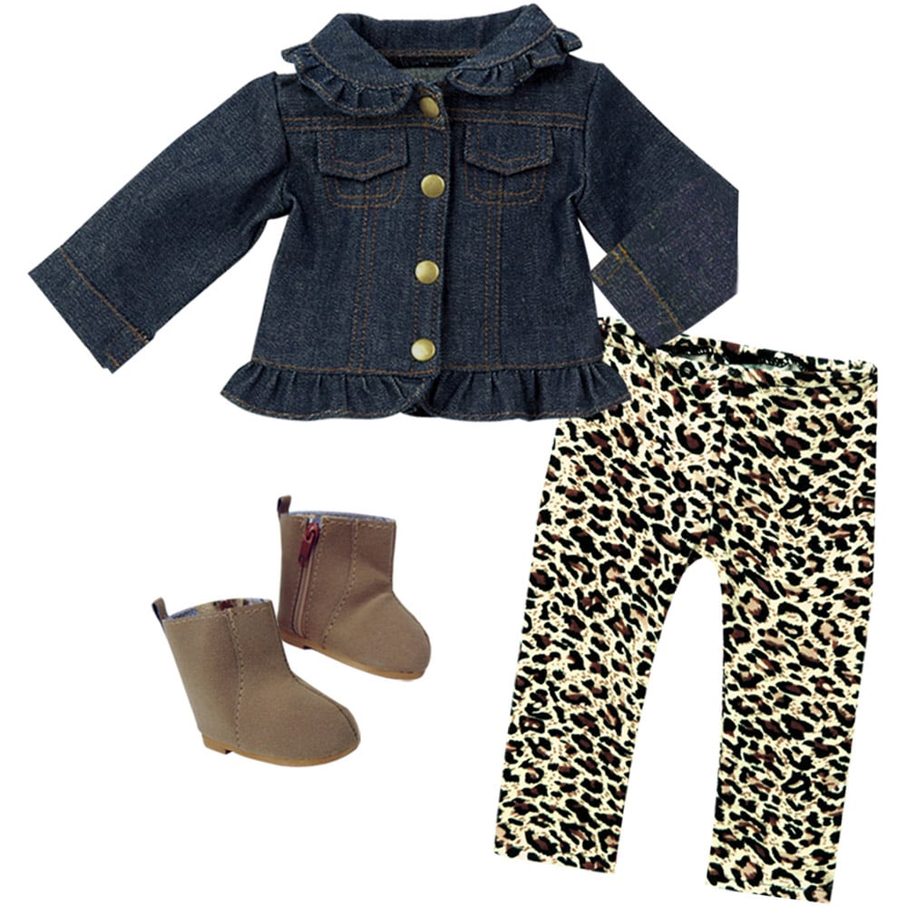 Teamson Kids Sophia's Blue Denim Jacket Animal Print Leggings and Brown Boots Doll Outfit Set Image 1