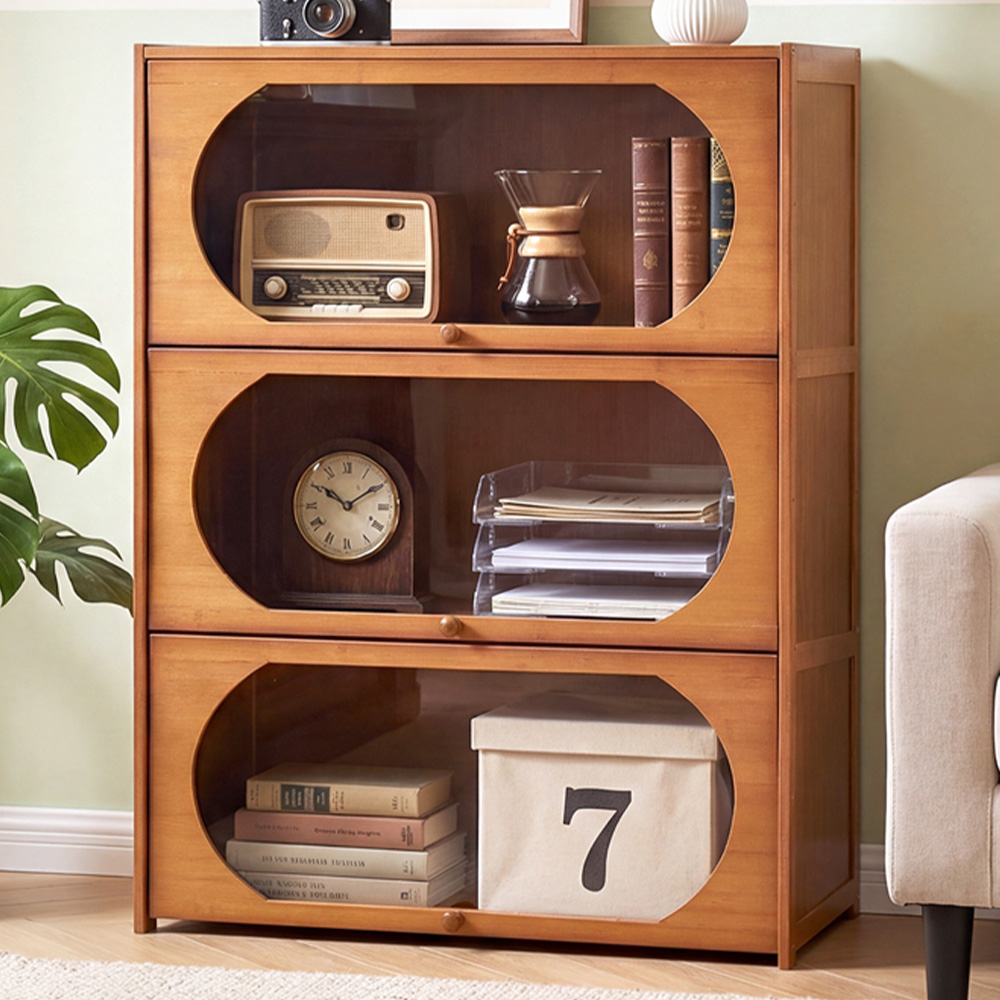 Living and Home 3 Acrylic Door Brown Bamboo Bookcase Image 1