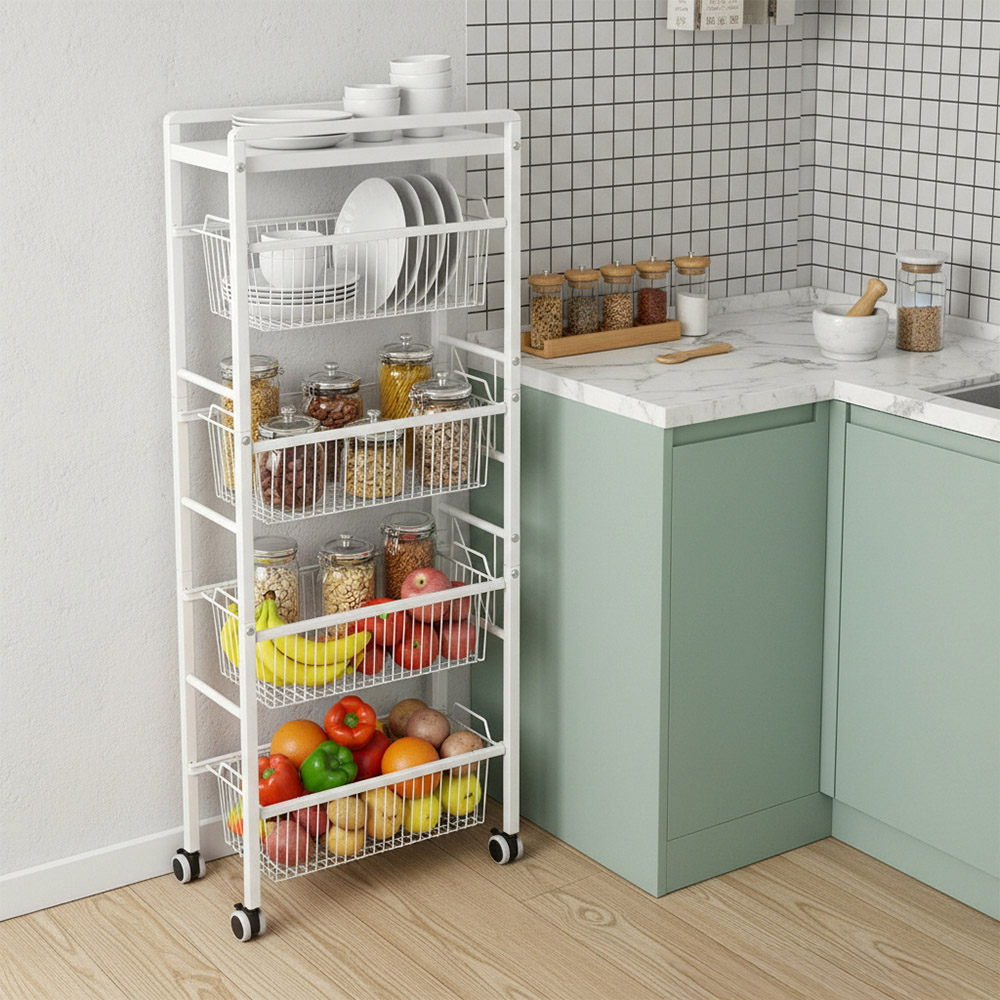 Living and Home 5 Shelf White Slim Rolling Kitchen Storage Organiser Image 2