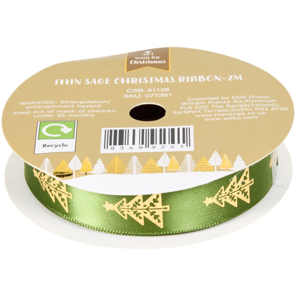 Pack of 3 Thin Sage Christmas Ribbons - Sage Green Image 3