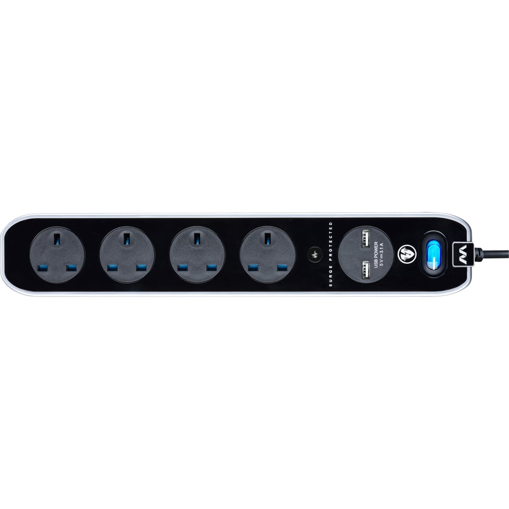 Masterplug Gloss Black 4 Socket Switched Inline Surge Extension Lead with USB 2m Image 2
