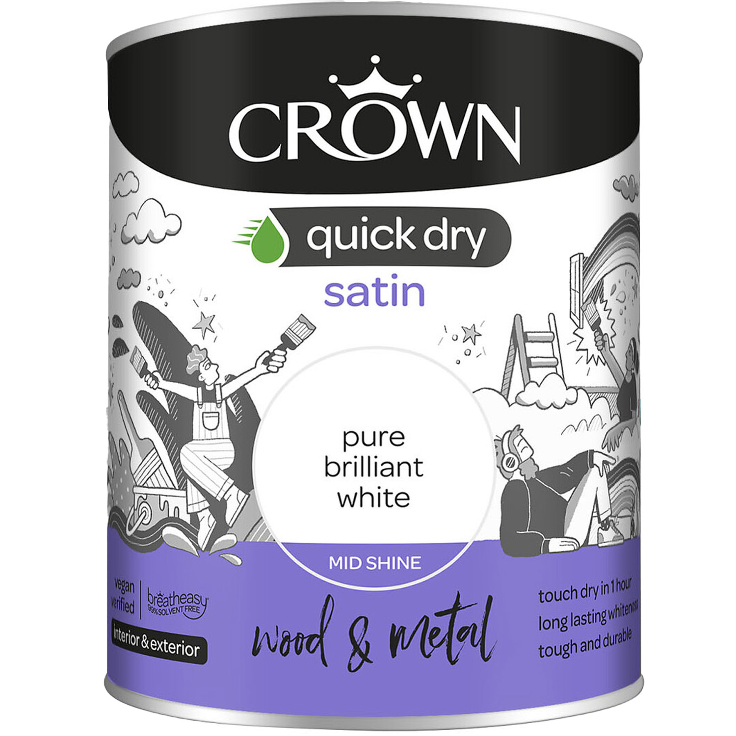 Crown Quick Dry Wood and Metal Pure Brilliant White Satin Paint 750ml Image 2