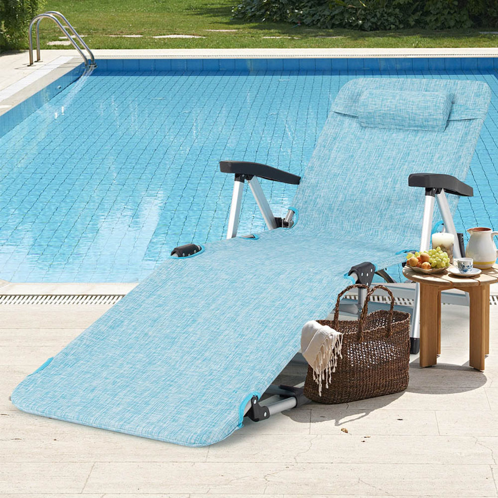 Costway Blue Folding Outdoor Chaise Lounger with Detachable Pillow Image 1