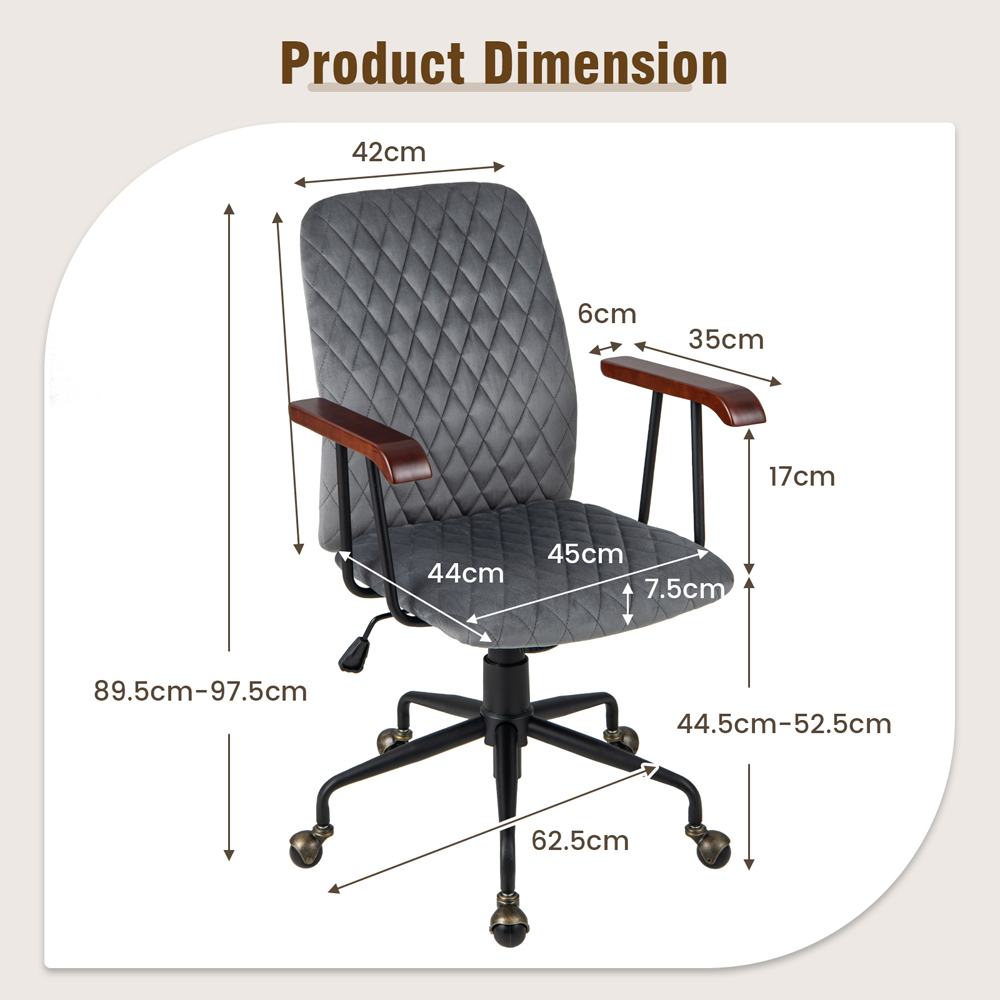 Costway Grey Velvet Adjustable Rocking Office Chair Image 9