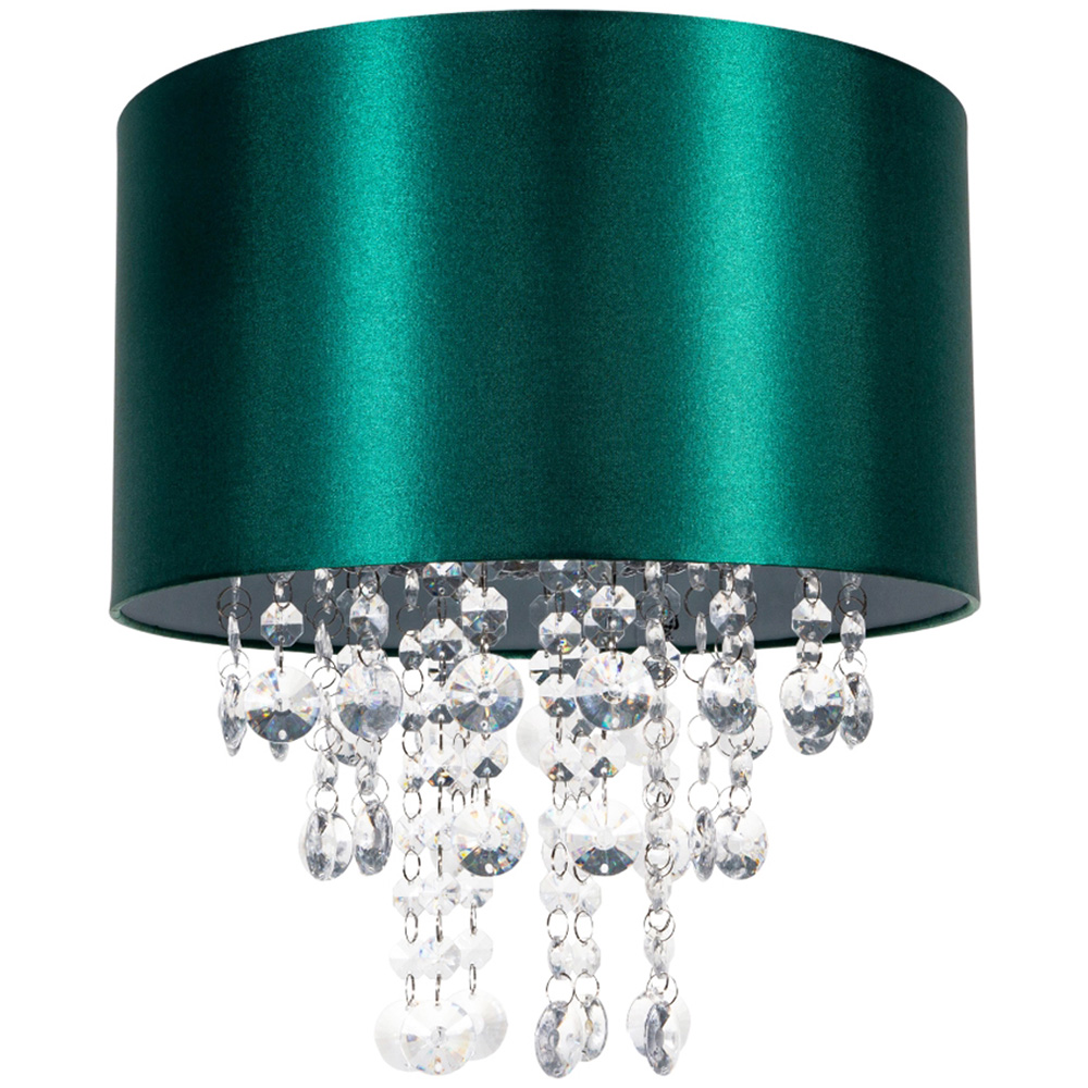 Happy Homewares Forest Green Satin Fabric Pendant Shade with Transparent Acrylic Droplets Image 1