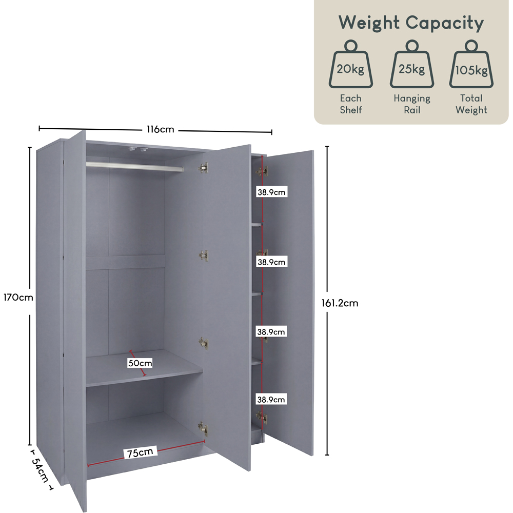 VIDA DESIGNS Denver 3 Door Grey Mirrored Wardrobe Image 9