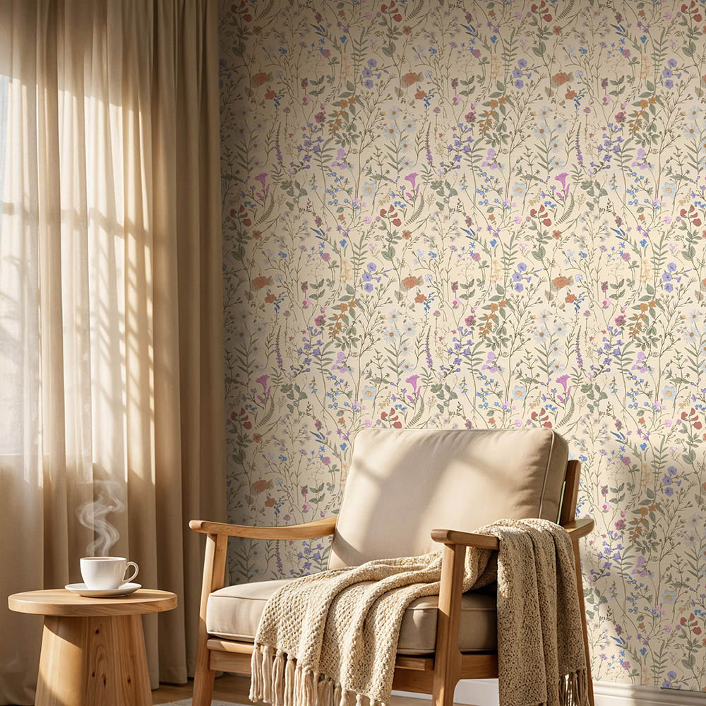 Living and Home Floral Pattern Beige and Multicolour Peel and Stick Wallpaper Image 2