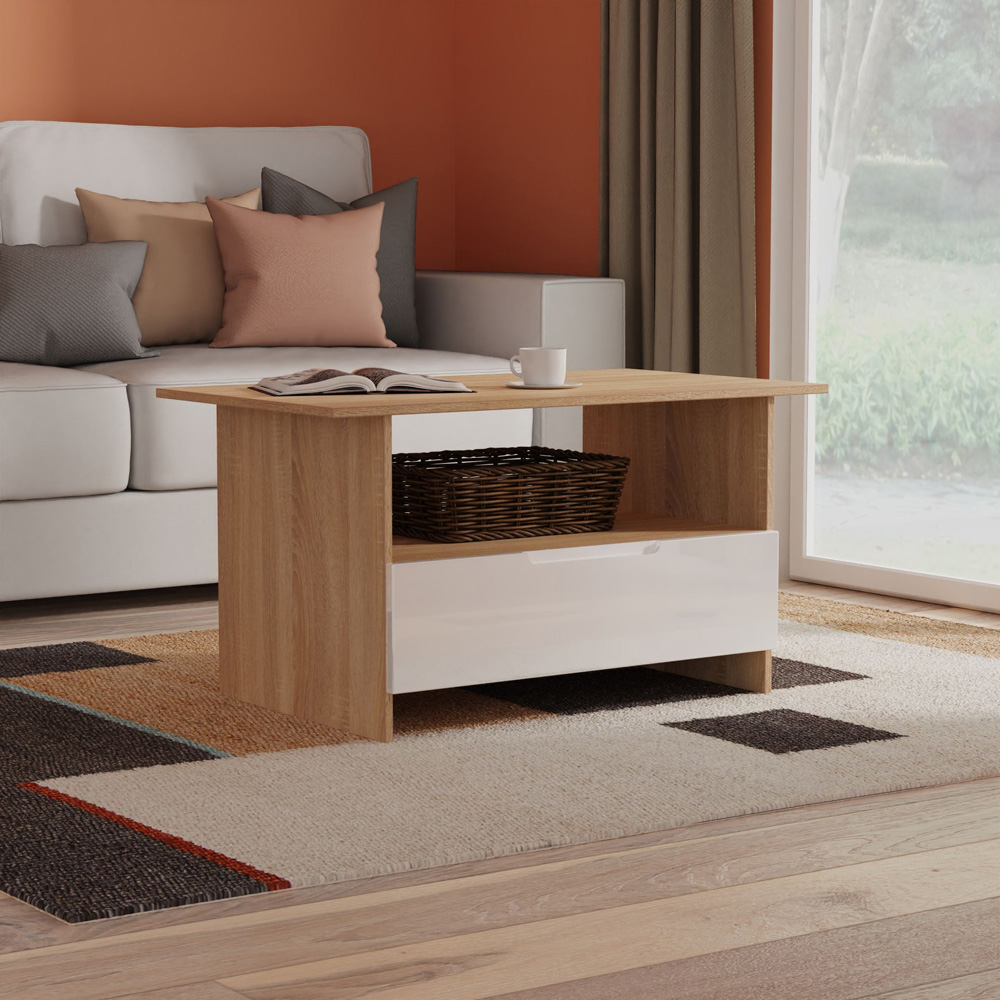 Crowndale Milan Single Drawer Single Shelf White Gloss and Bardolino Oak Coffee Table Ready Assembled Image 8