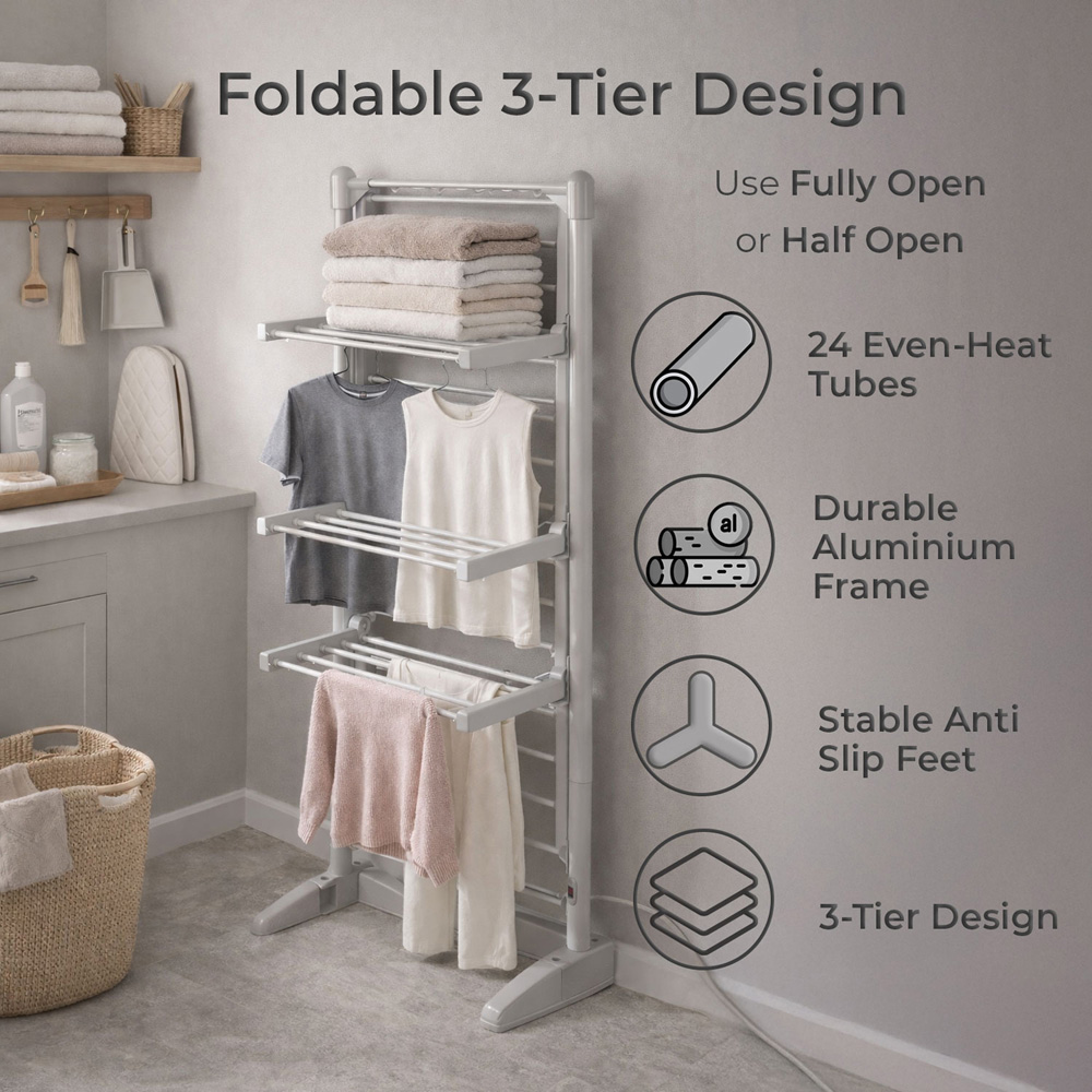 Neo 3 Tier Foldable Aluminium Electric Heated Clothes Airer 202W Image 7