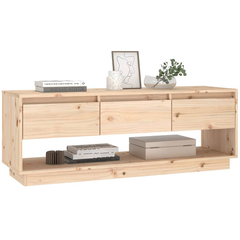 vidaXL 3 Drawer Single Shelf Natural Solid Pine Wood Wide TV Cabinet Image 5