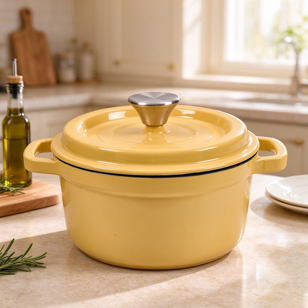 Living and Home Yellow Enamelled Cast Iron Dutch Oven Pot 6L Image 2