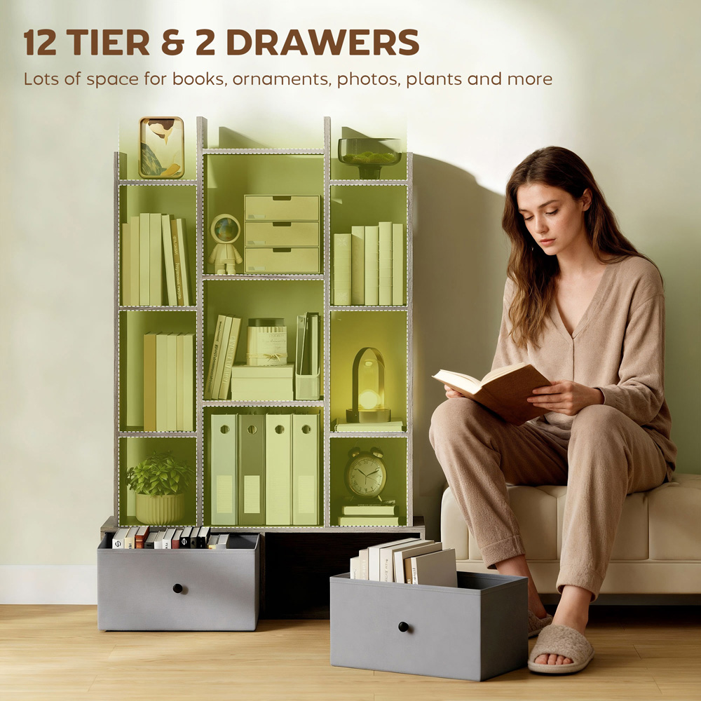 Portland 2 Drawer 12 Shelf Graphite Wood Effect Bookcase Image 7