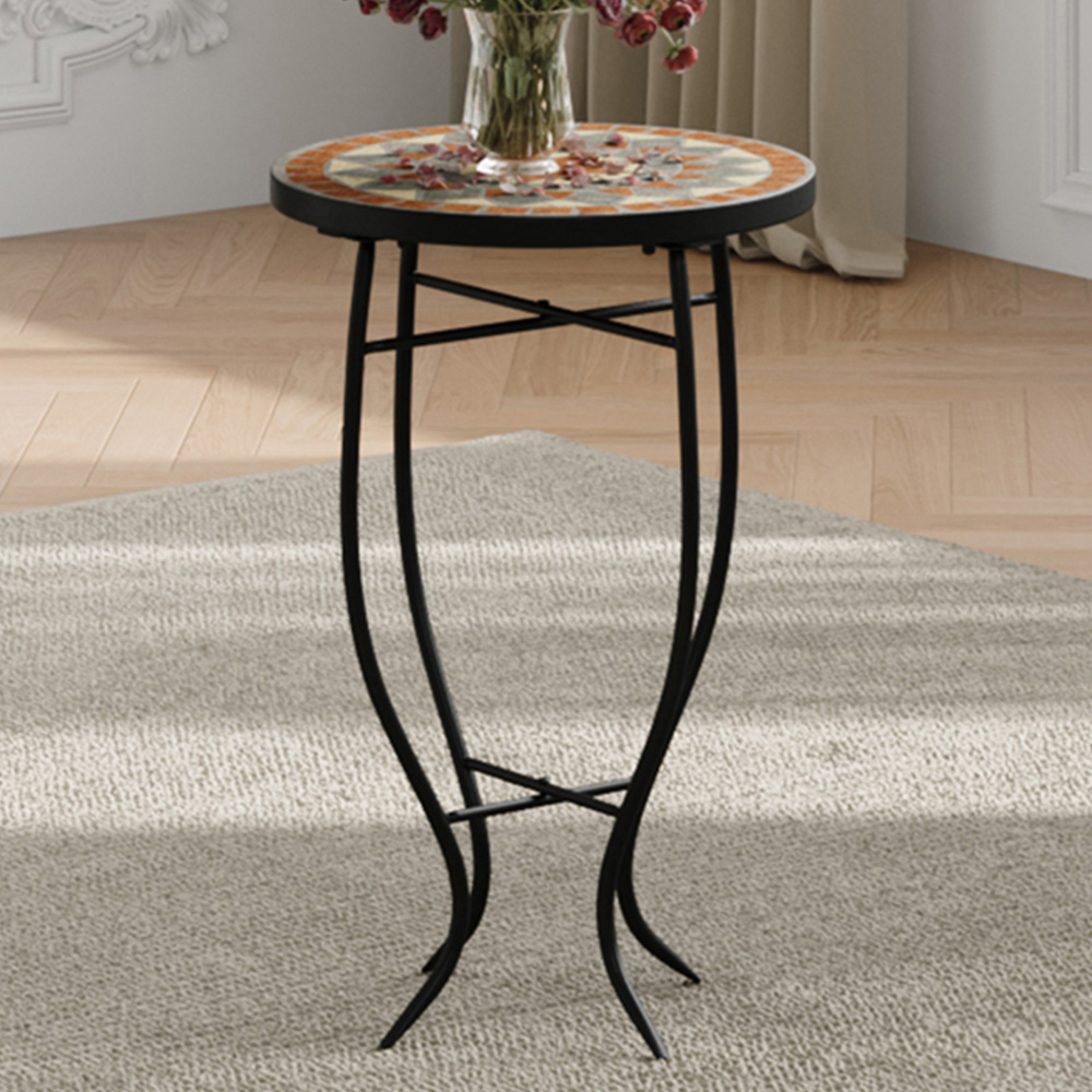 Living and Home Orange Mosaic Round Garden Accent Side Table Image 1