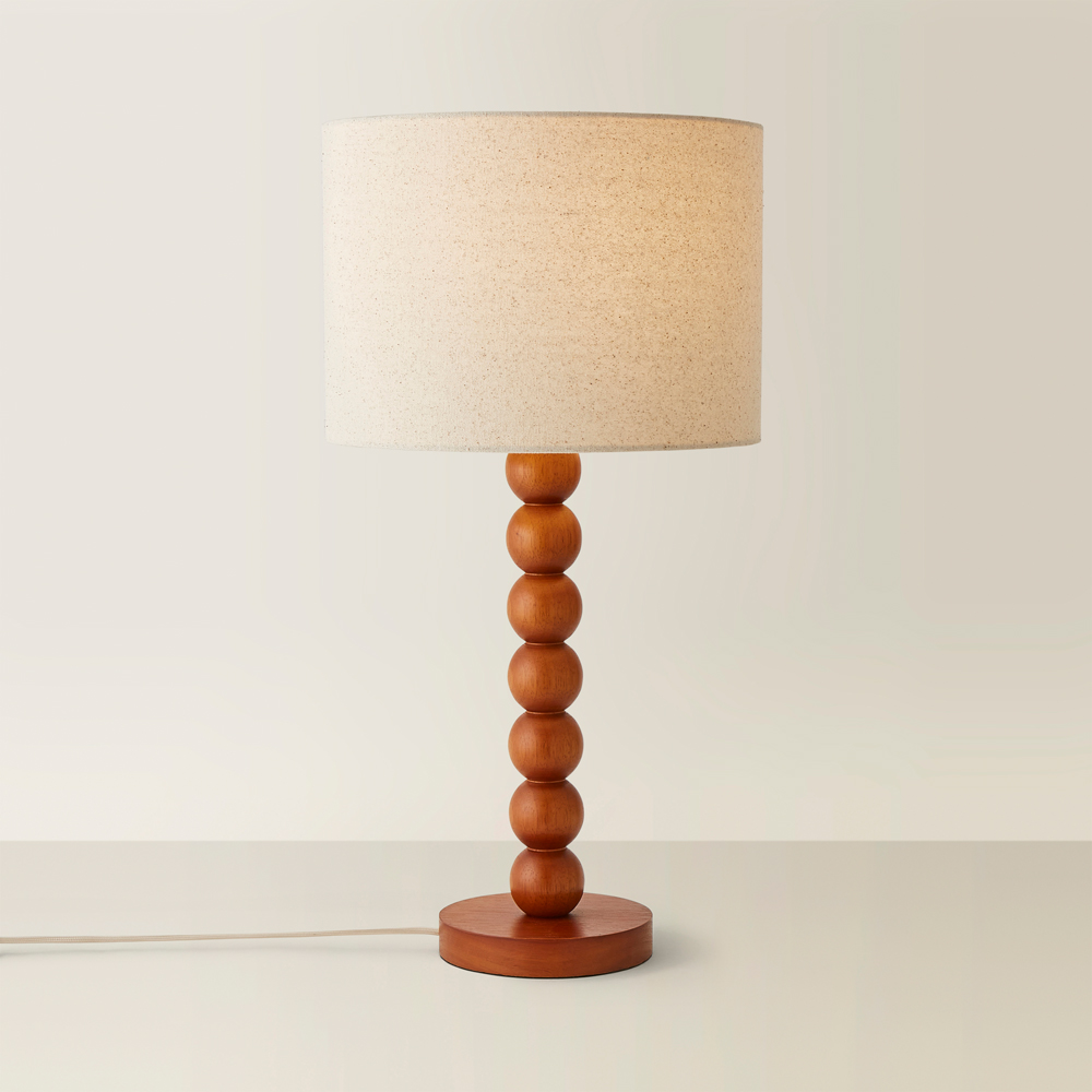 ValueLights Wyatt Natural Linen Drum Lamp Shade Walnut Wood Bobbin LED Table Lamp Image 5