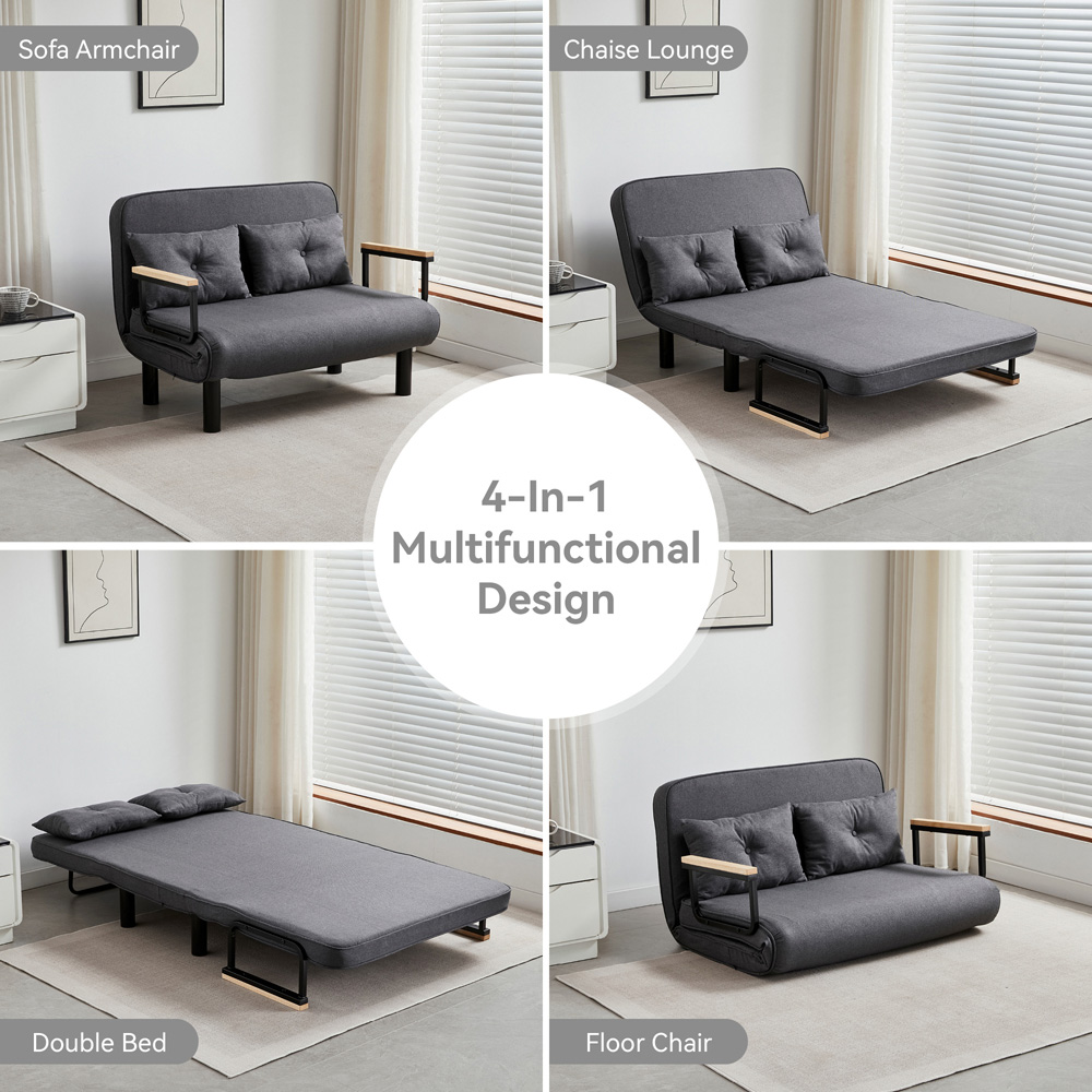 2 Seater Grey 4-in-1 Foldable Sofa Bed with Adjustable Backrest and Large Cushion Image 5