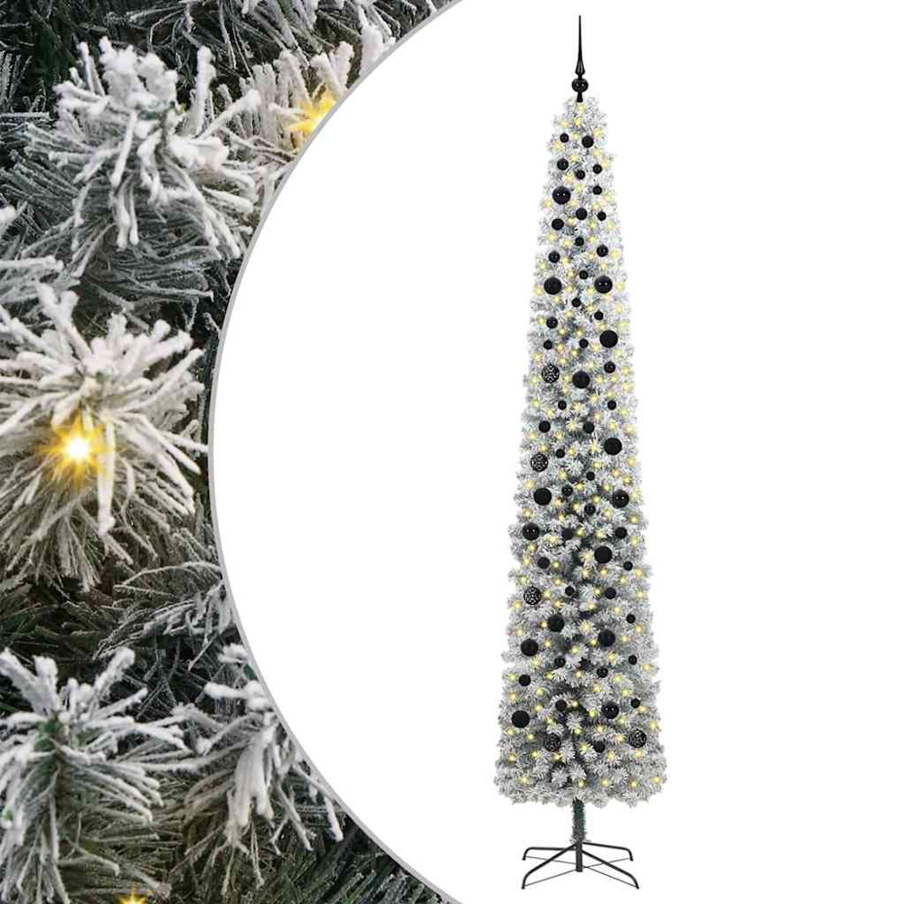 vidaXL 300 LED Pre-Lit Black Baubles Green Artificial Snow Flocked Christmas Tree 9ft Image 2