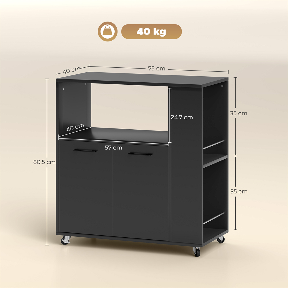 HOMCOM 2 Door Black Kitchen Island on Wheels with Spice Rack Image 9