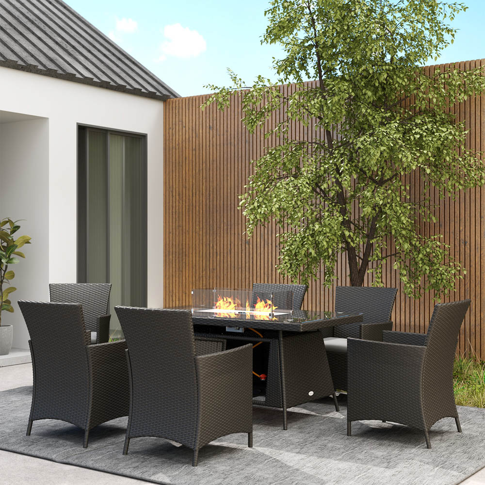 Outsunny 6 Seater Rattan Dining Set with Fire Pit Table Black Image 3