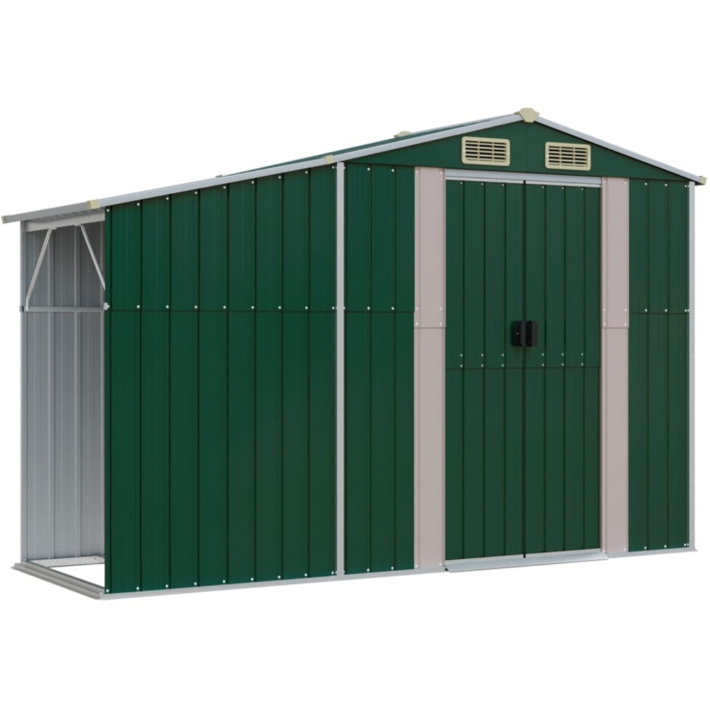 vidaXL 9 x 3ft Green Galvanised Steel Apex Garden Shed with Firewood Stand Image 1