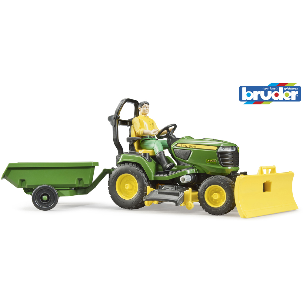 Bruder Kids bworld John Deere Lawn Tractor Playset Model with Trailer and Gardener Image 8