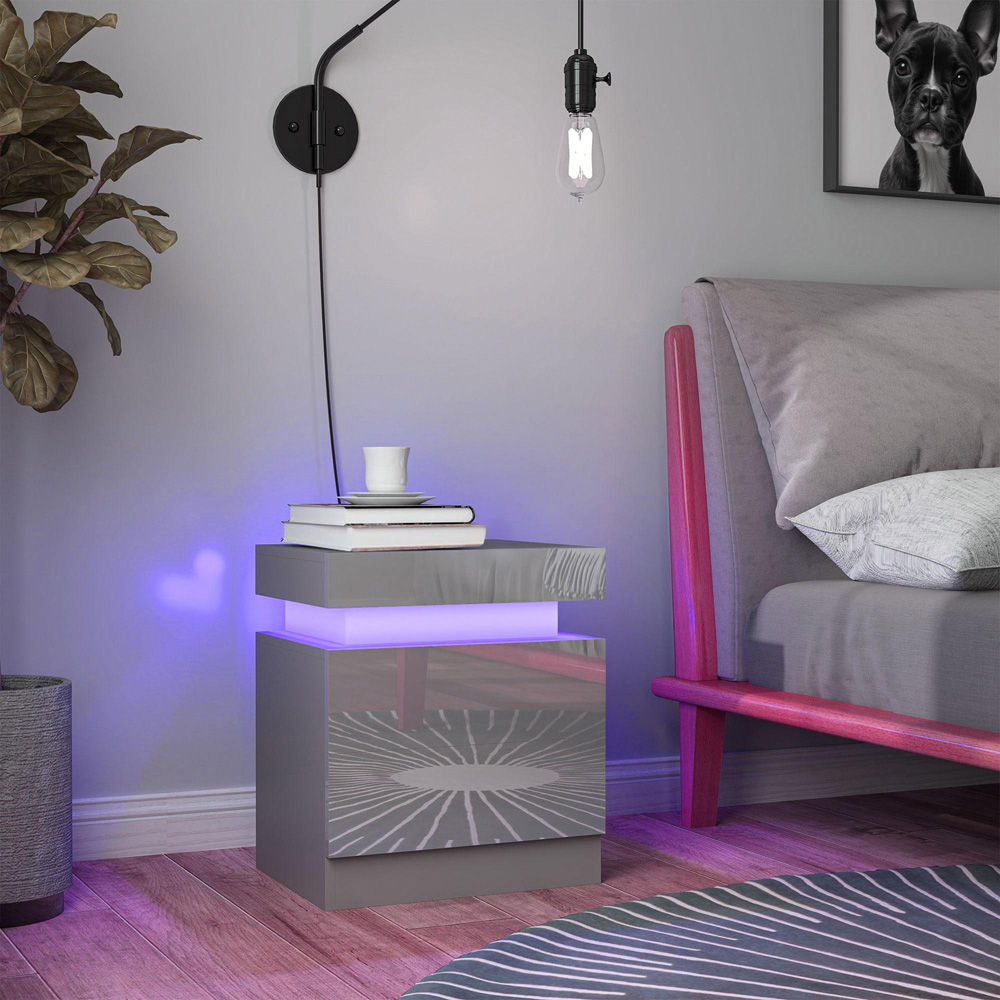 HOMCOM 2 Drawer Grey High Gloss Bedside Table with LED Light Image 3