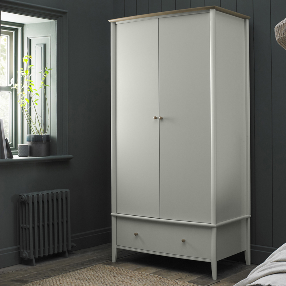 Bentley Designs Whitby 2 Door Single Drawer Scandi Oak and Soft Grey Wardrobe Image 1