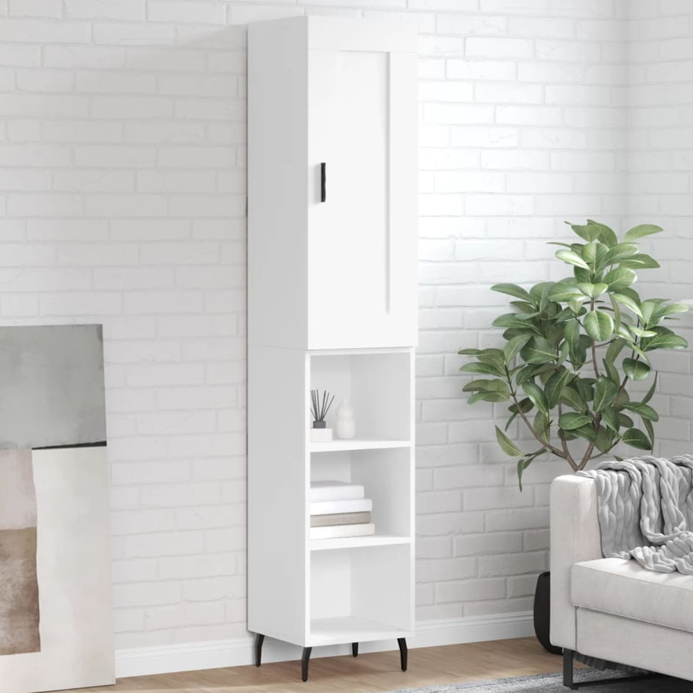 vidaXL Single Door 3 Open Shelf White Highboard with Metal Legs Image
