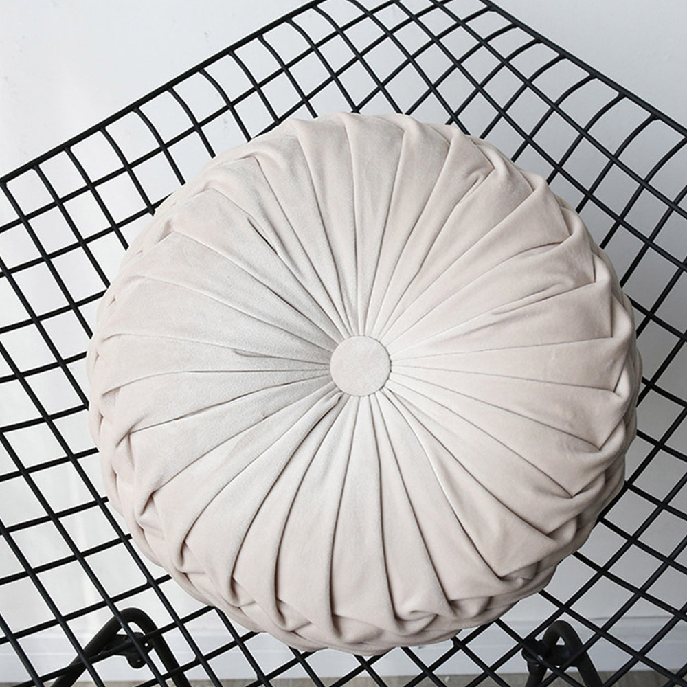 Living and Home Beige Round Pleated Pumpkin Velvet Cushion 45cm Image 6