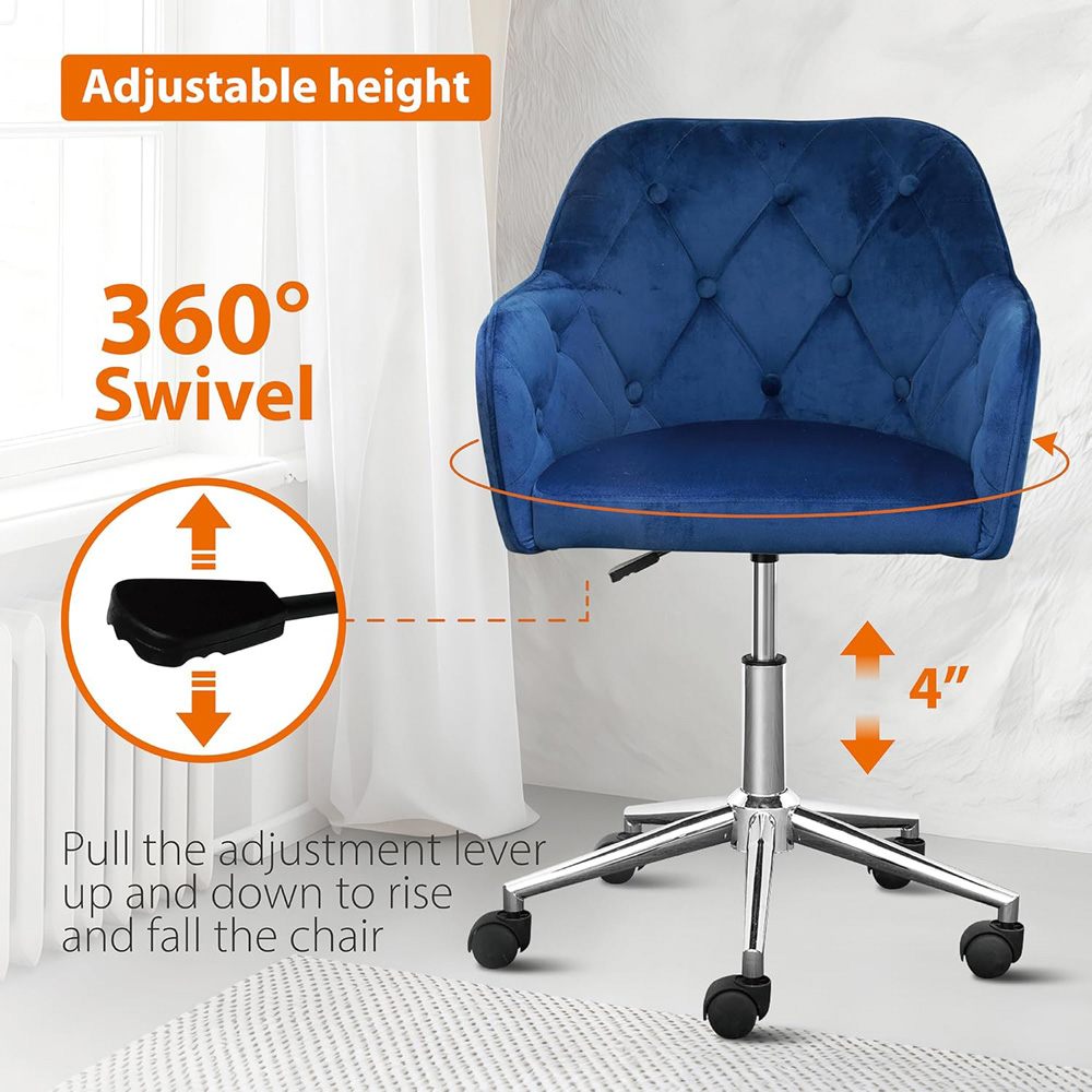 Alivio Blue Velvet Height Adjustable Swivel Tufted Office Chair with Wheels Image 8