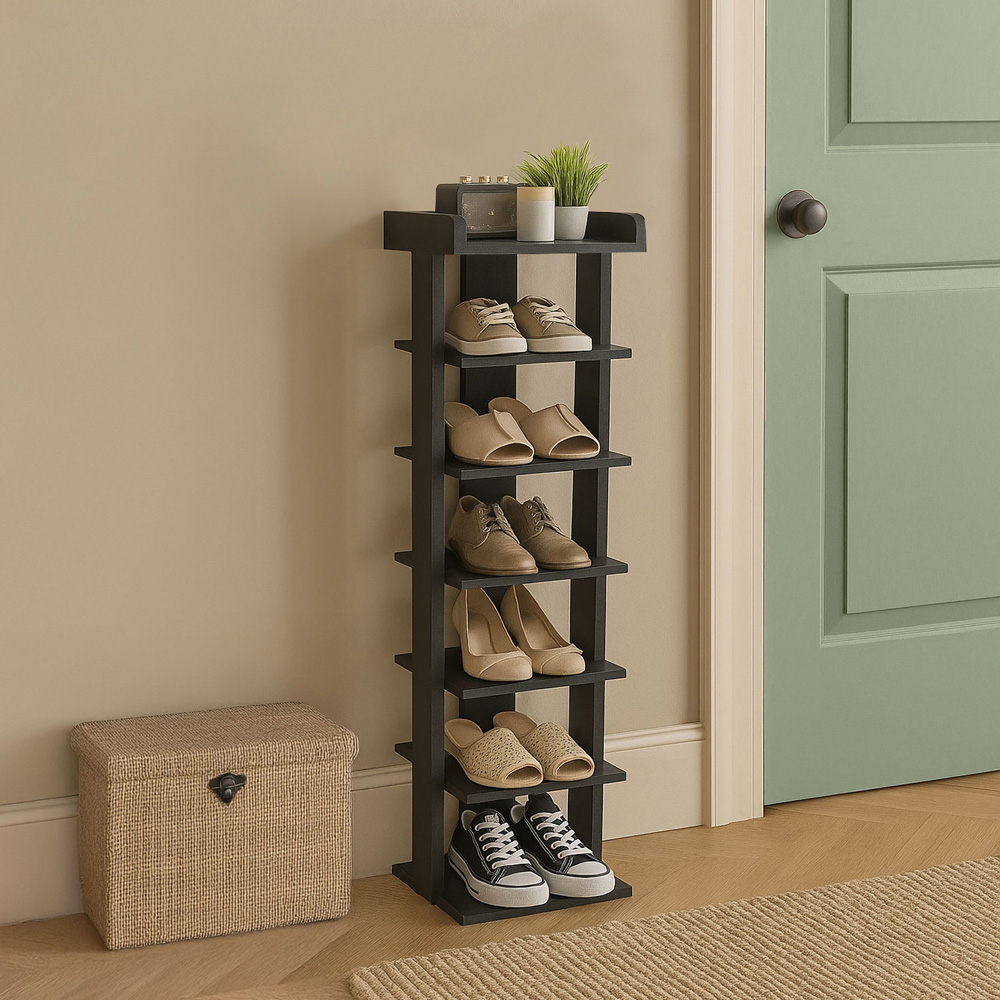Neo 7 Shelf Black Wooden Slim Shoe Rack Image 2