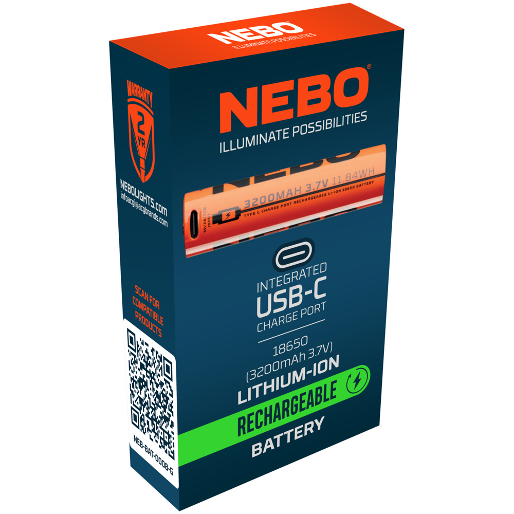 Nebo 18650 3.7V 3200mAh Lithium-Ion Rechargeable Battery with USB-C Charge Port Image 2